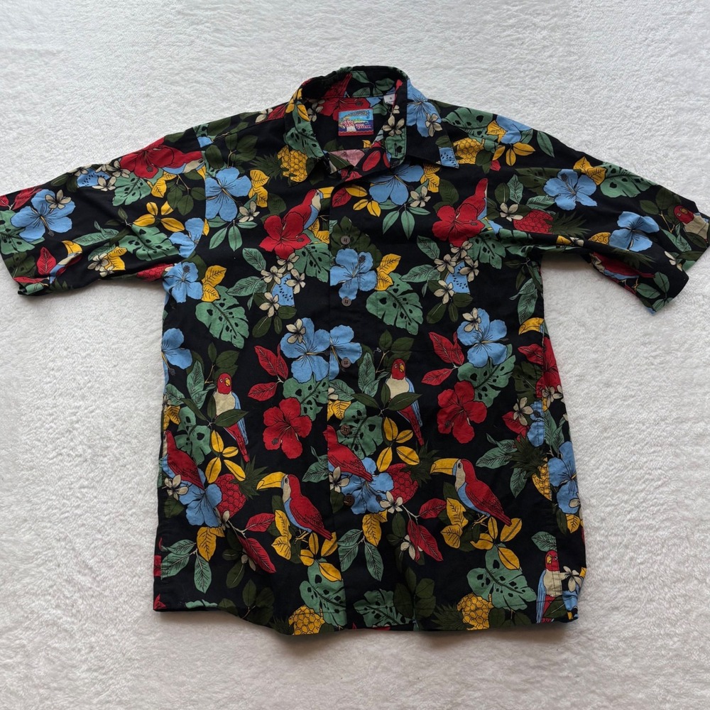 Joe Kealoha's Reyn Spooner Mens Small Black Tropical Toucan Parrot Floral Shirt